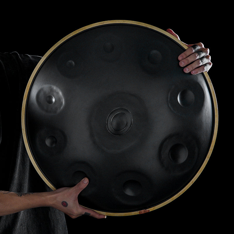HLURU Nitride Steel Gray Handpan Drum 22 Inch 10 Notes D-Kurd Percussion Instrument for Spiritual Practices - Level A Gold Edge Professional Handpan