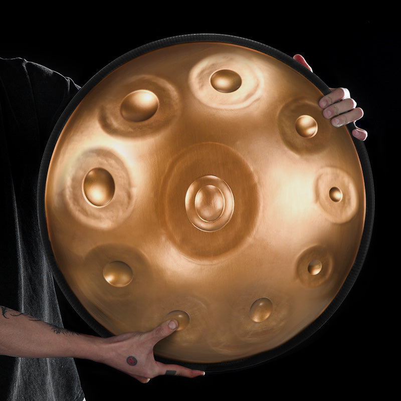 HLURU Stainless Steel Golden Handpan Drum 22 Inch 10 Notes D-Kurd Percussion Instrument for Creative Expression - Level B Rubber Edge