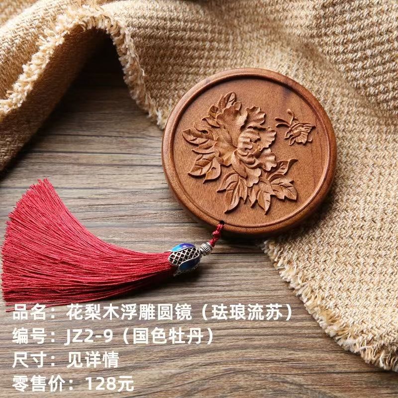 Miroir en bois de poirier en relief avec pivoines