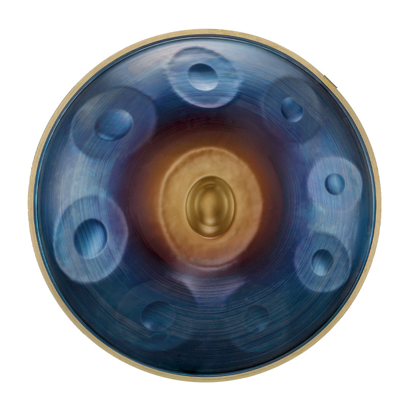 Hluru 질화강 청색 핸드팬 드럼 22인치 9음 D-쿠르드 타악기 소리 치유용 - 레벨 A 골드 엣지 프로페셔널 핸드팬