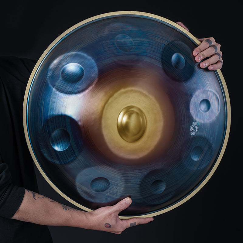 HLURU Nitridstahl Blau Handpan Trommel 22 Zoll 9 Töne D-Kurd Percussion Instrument für Klangheilung - Level A Gold Edge Professionelle Handpan 