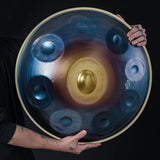 HLURU Nitridstahl Blau Handpan Trommel 22 Zoll 9 Töne D-Kurd Percussion Instrument für Klangheilung - Level A Gold Edge Professionelle Handpan 